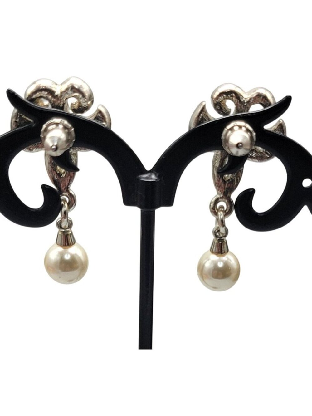Vintage Napier Fleur-de-lis Rhinestone Pave Post Earrings Dangling Faux Pearl - Picture 6 of 12